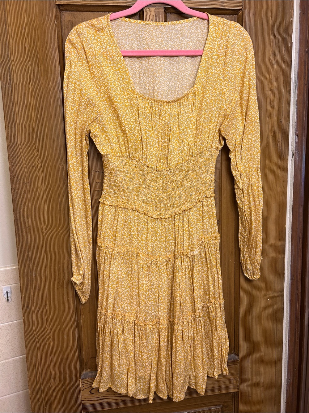 Yellow Floral Smocked Waist Long Sleeve Dress